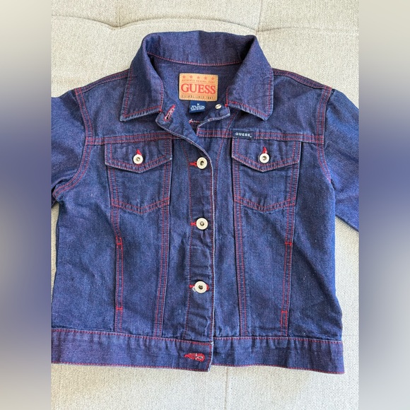 Rare Vintage 90s GUESS Kids Blue Denim Jacket Red Stitching - Picture 1 of 11